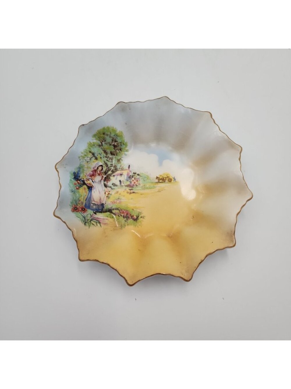 Vintage Double Phoenix Hand painted Japan Candy Trinket Dish Woman In Garden 5"